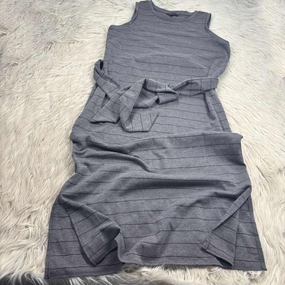 Banana Republic M Gray Striped Sleeveless Midi Dress Belted Minimalist Preppy